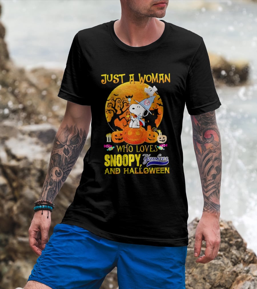 Just A Woman Who Loves Snoopy Yankees And Halloween T-Shirt