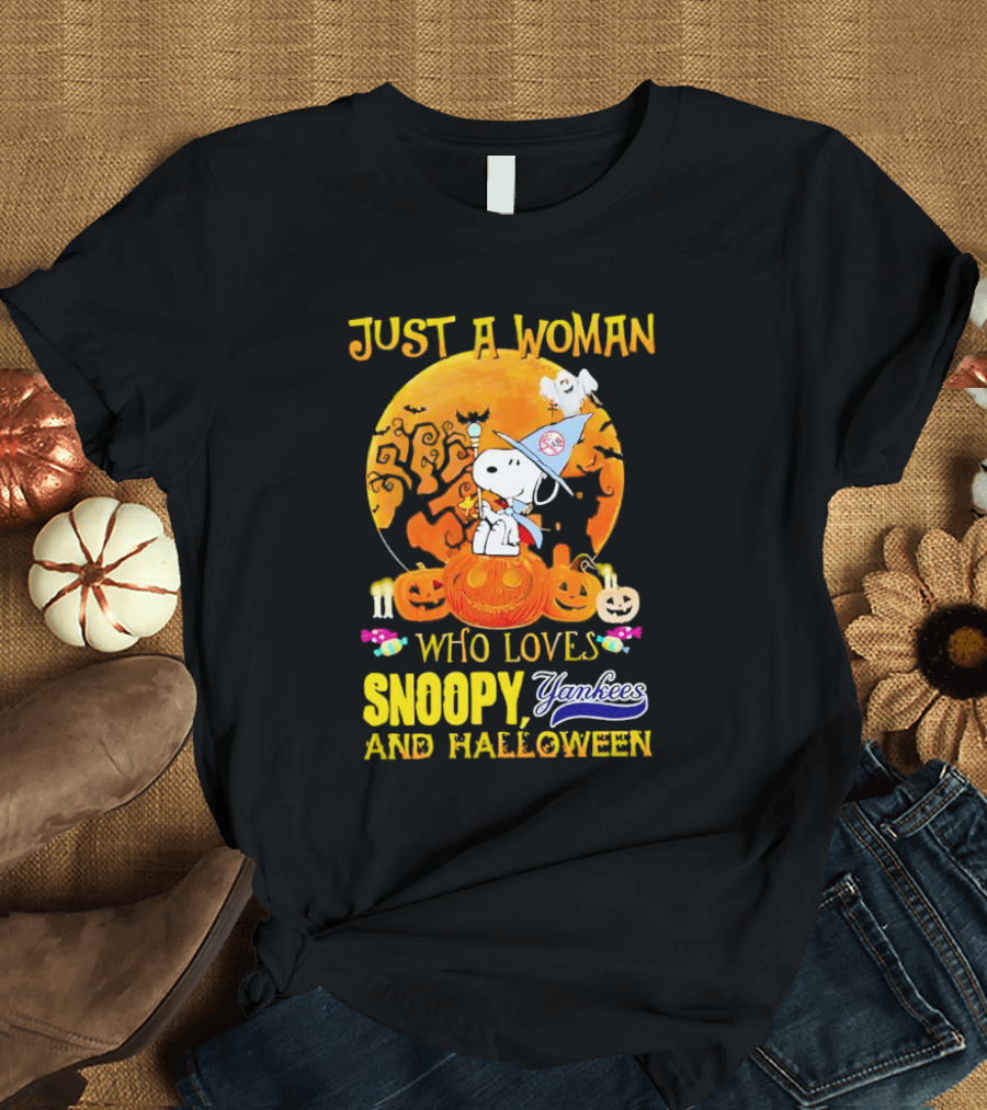 Just A Woman Who Loves Snoopy Yankees And Halloween T-Shirt