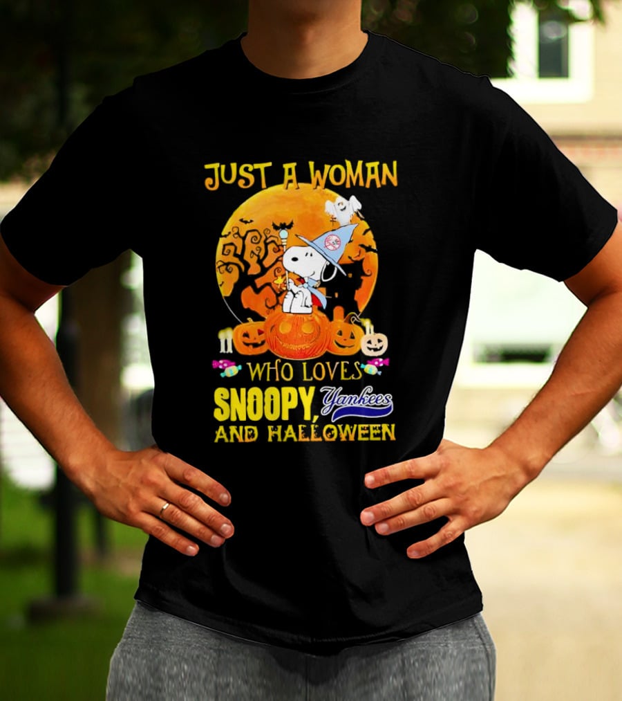 Just A Woman Who Loves Snoopy Yankees And Halloween T-Shirt
