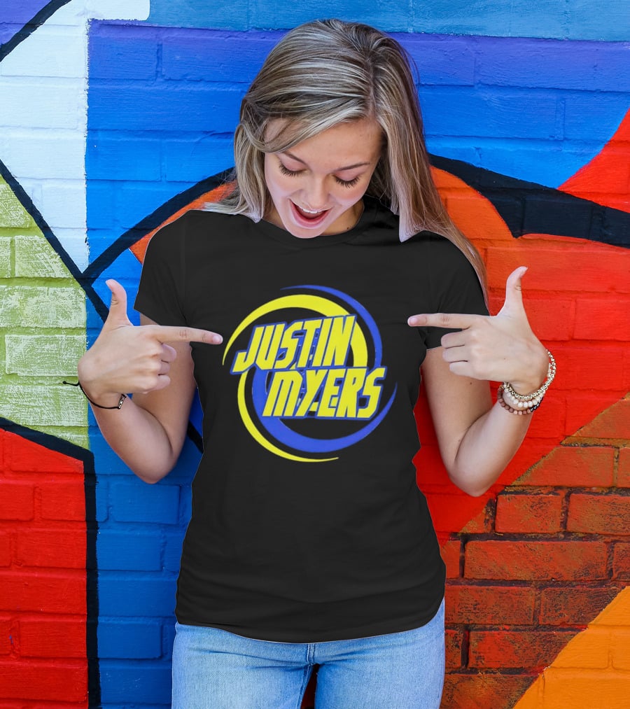 JUSTIN MYERS Blue Yellow Spiral Circle Text T-Shirt