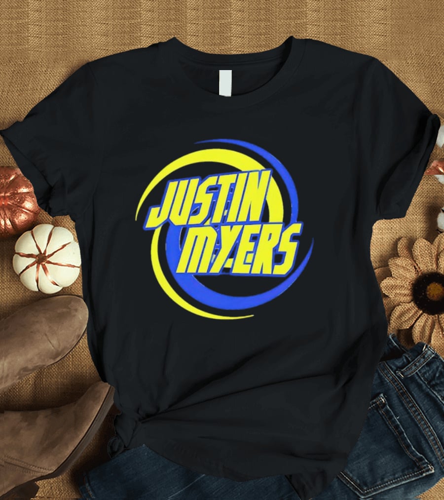 JUSTIN MYERS Blue Yellow Spiral Circle Text T-Shirt
