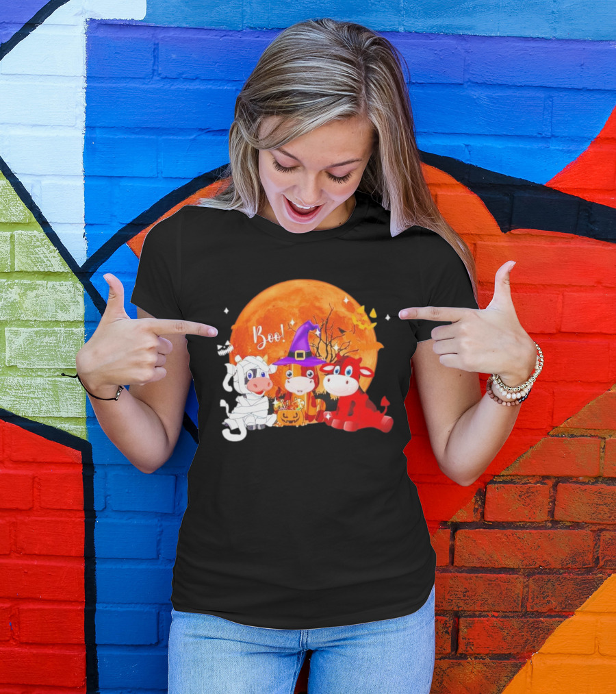 Boo Three Cow Halloween With Witch Hat Mummy And Devil In Front Of Full Moon T-Shirt