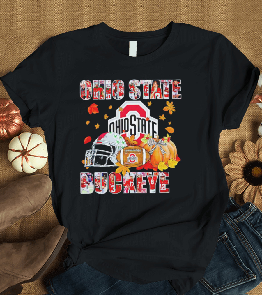 Ohio State Buckeyes Football Autumn Leaves Helmet Pumpkins T-Shirt