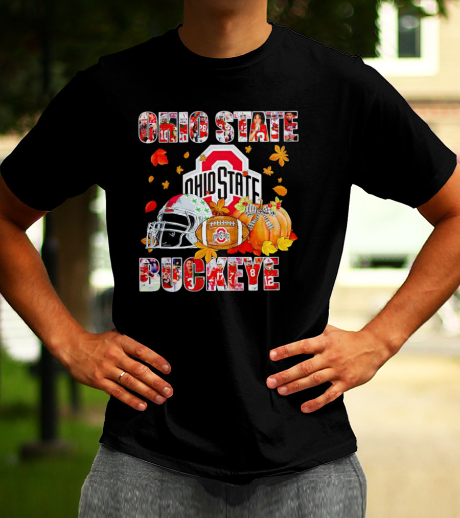 Ohio State Buckeyes Football Autumn Leaves Helmet Pumpkins T-Shirt
