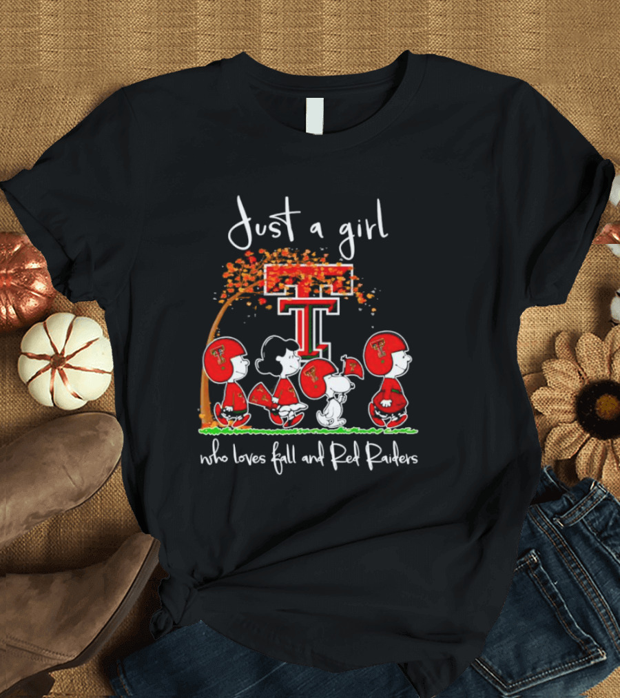 Just A Girl Who Loves Fall And Red Raiders With Peanuts Characters And Texas Tech T-Shirt