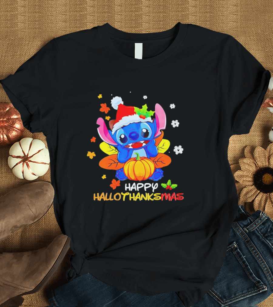 Stitch Happy Hallothanksmas Santa Hat Pumpkin Leaves Snowflakes T-Shirt