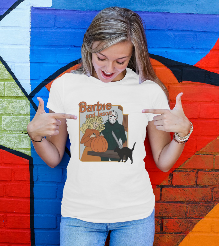 Barbie And Jason Halloween Pumpkin Carving With Black Cat T-Shirt