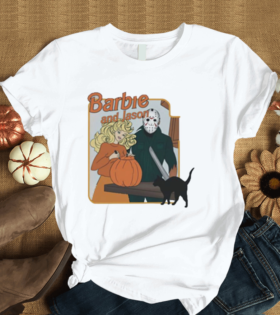 Barbie And Jason Halloween Pumpkin Carving With Black Cat T-Shirt