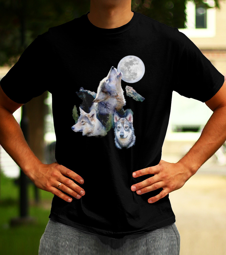 Gas Station Wolf Howling At Full Moon Trio T-Shirt