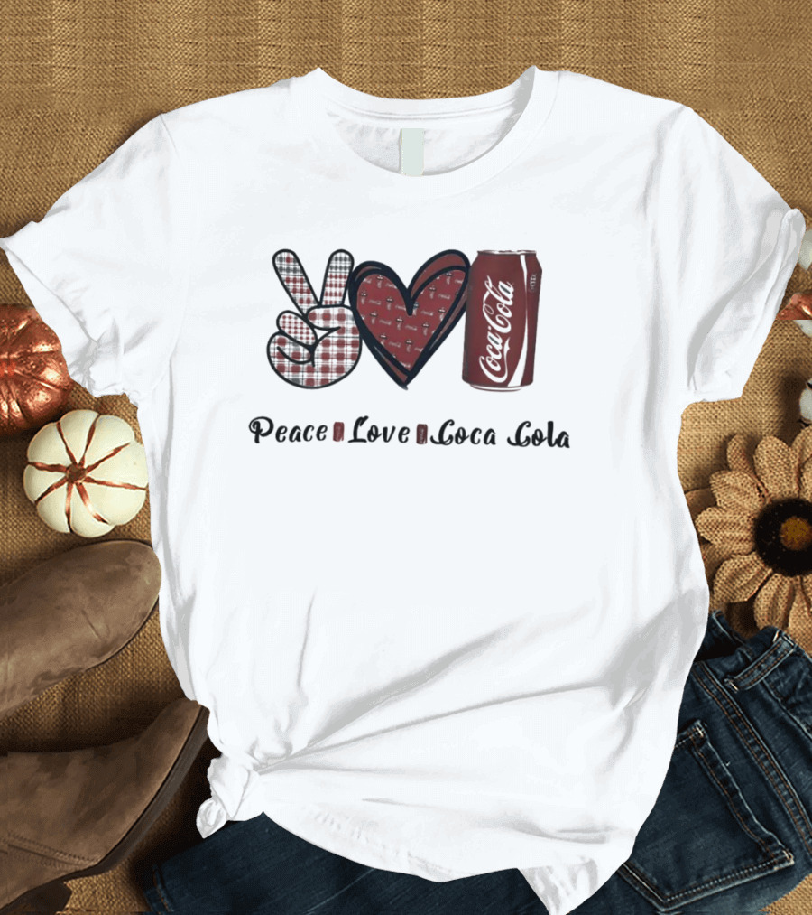 Peace Love Coca Cola Can With Heart And Peace Sign T-Shirt