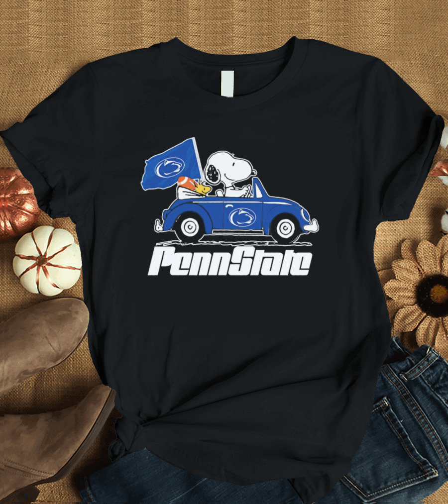 Snoopy And Woodstock Penn State Nittany Lions Driving Car With Flag T-Shirt