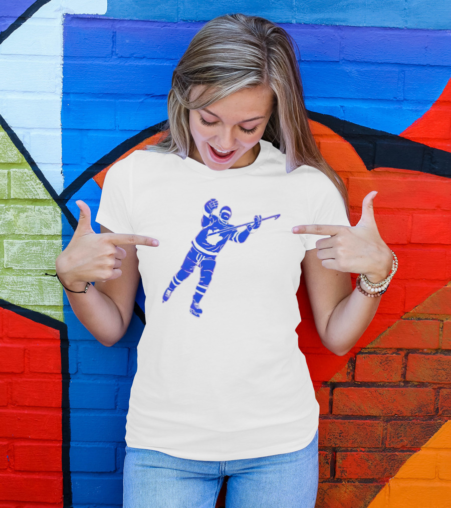 Auston Matthews Celebratory Pose Toronto Maple Leafs Player In Blue And White Hockey Gear T-Shirt