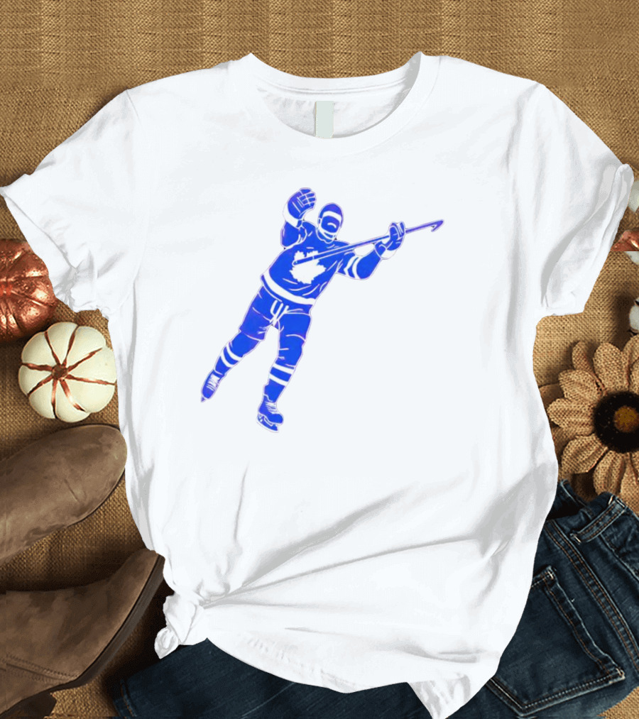 Auston Matthews Celebratory Pose Toronto Maple Leafs Player In Blue And White Hockey Gear T-Shirt