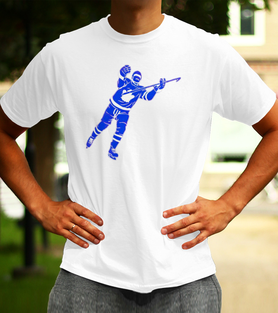 Auston Matthews Celebratory Pose Toronto Maple Leafs Player In Blue And White Hockey Gear T-Shirt