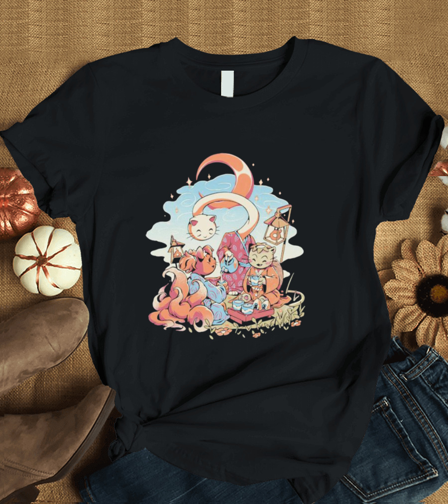 Cat Night Tea Lunar Gathering Whimsical Feline Picnic T-Shirt