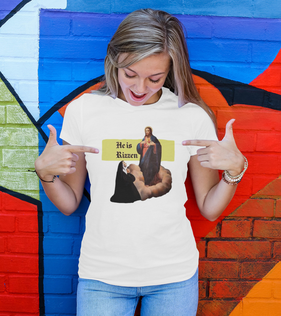 He Is Rizzen Jesus With Nun Praying On Cloud T-Shirt