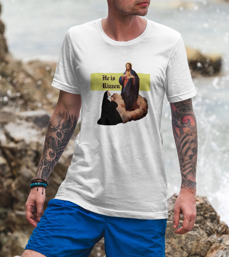 He Is Rizzen Jesus With Nun Praying On Cloud T-Shirt
