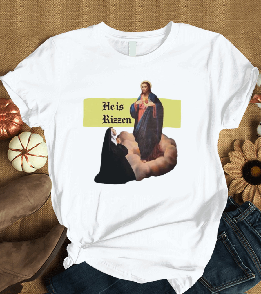 He Is Rizzen Jesus With Nun Praying On Cloud T-Shirt