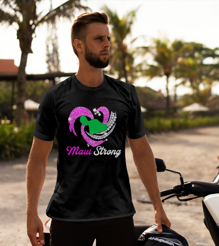 Maui Strong Pink Glitter Heart With Green Island And Diamond Accents T-Shirt