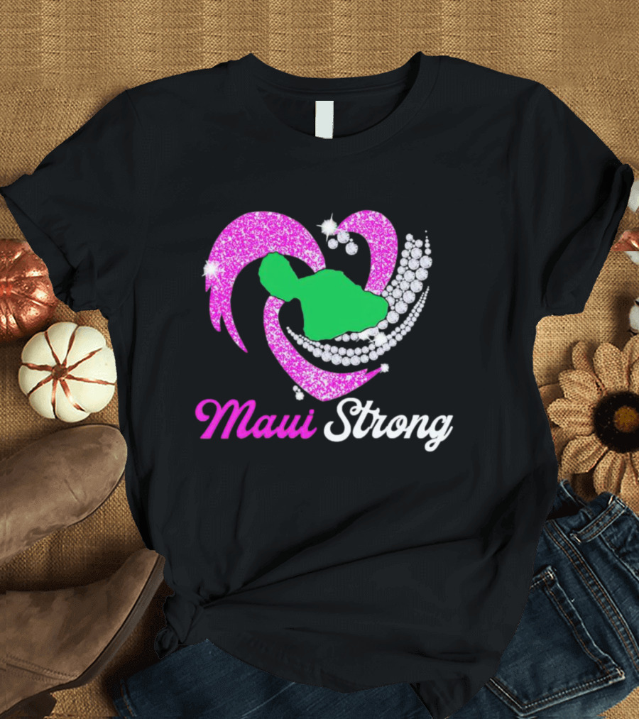Maui Strong Pink Glitter Heart With Green Island And Diamond Accents T-Shirt