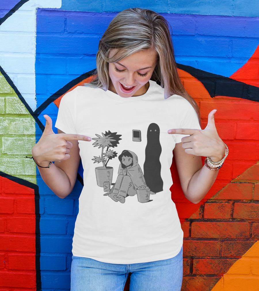 Phantom Cozy: Ghostly Companion And Snuggled Figure With Plant And Snacks T-Shirt