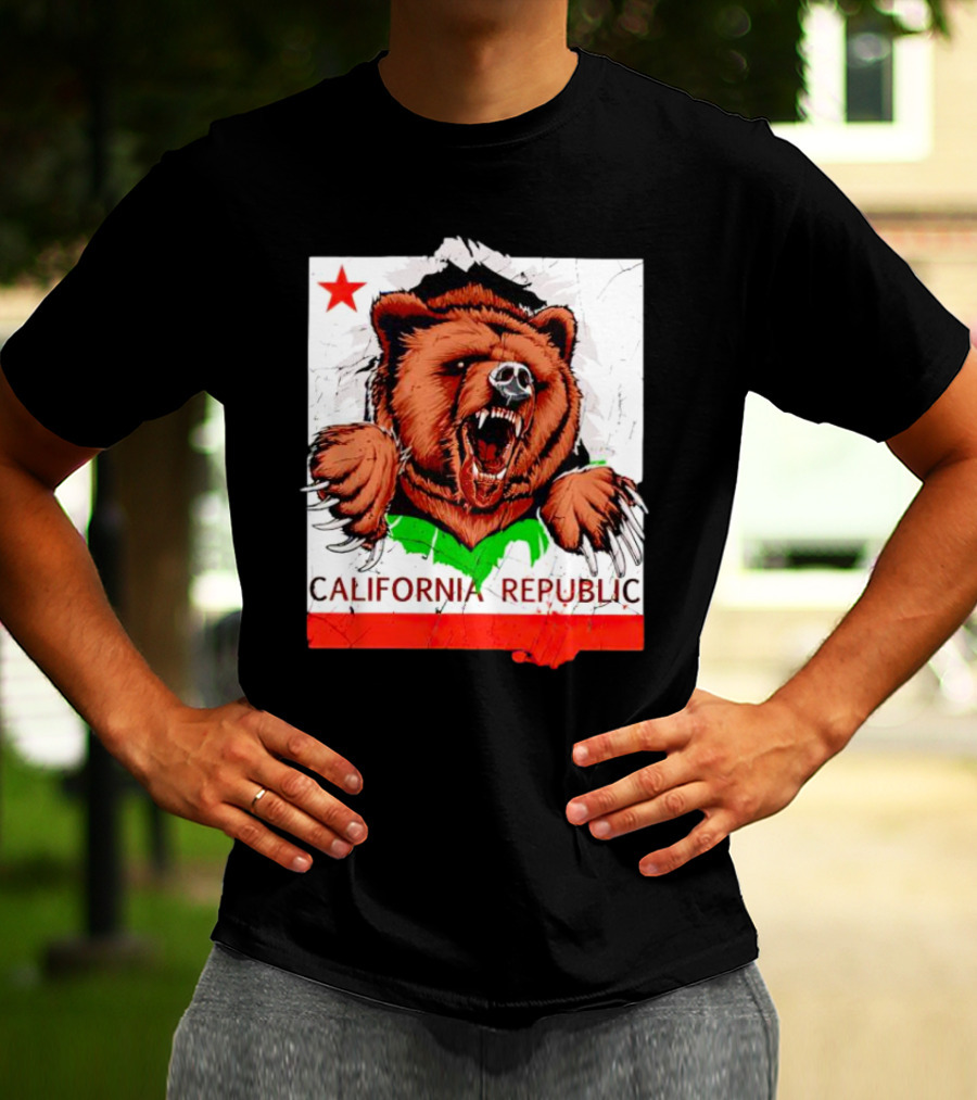 California Republic Bear Roaring Star Red Stripe T-Shirt