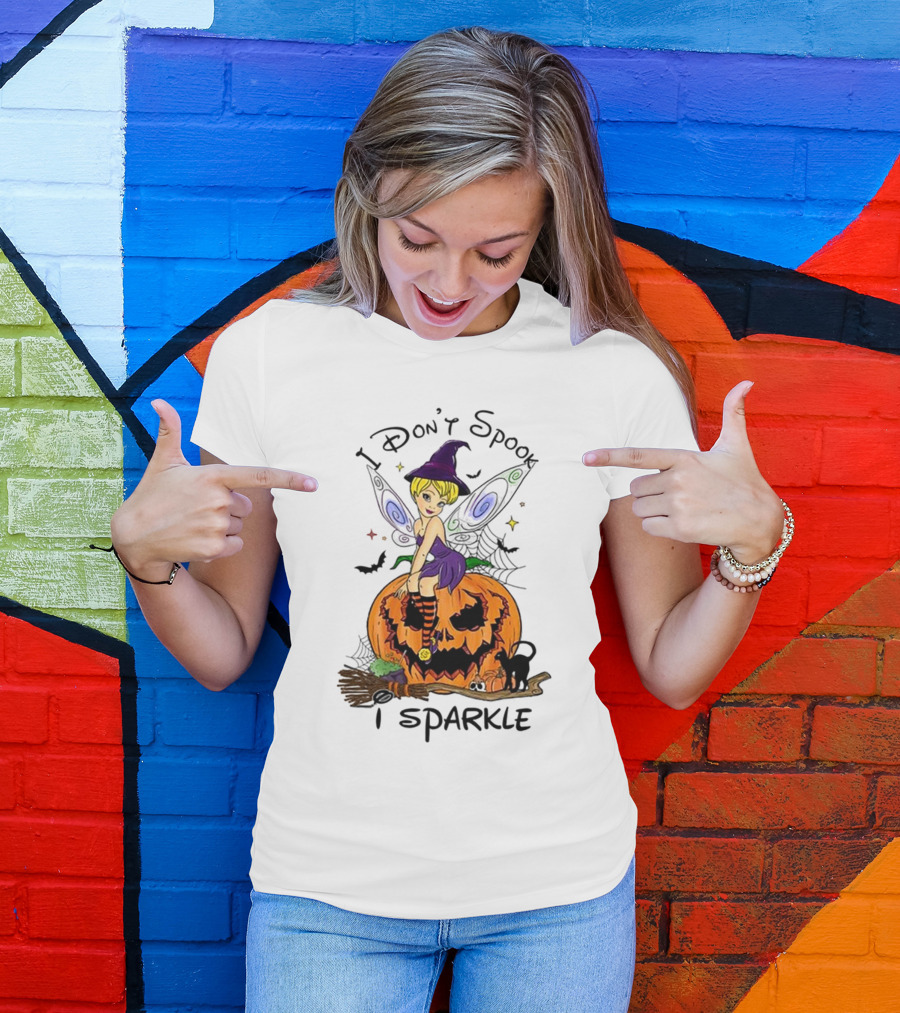 I Don’t Spook I Sparkle Witch Fairy On Pumpkin Halloween Scene T-Shirt