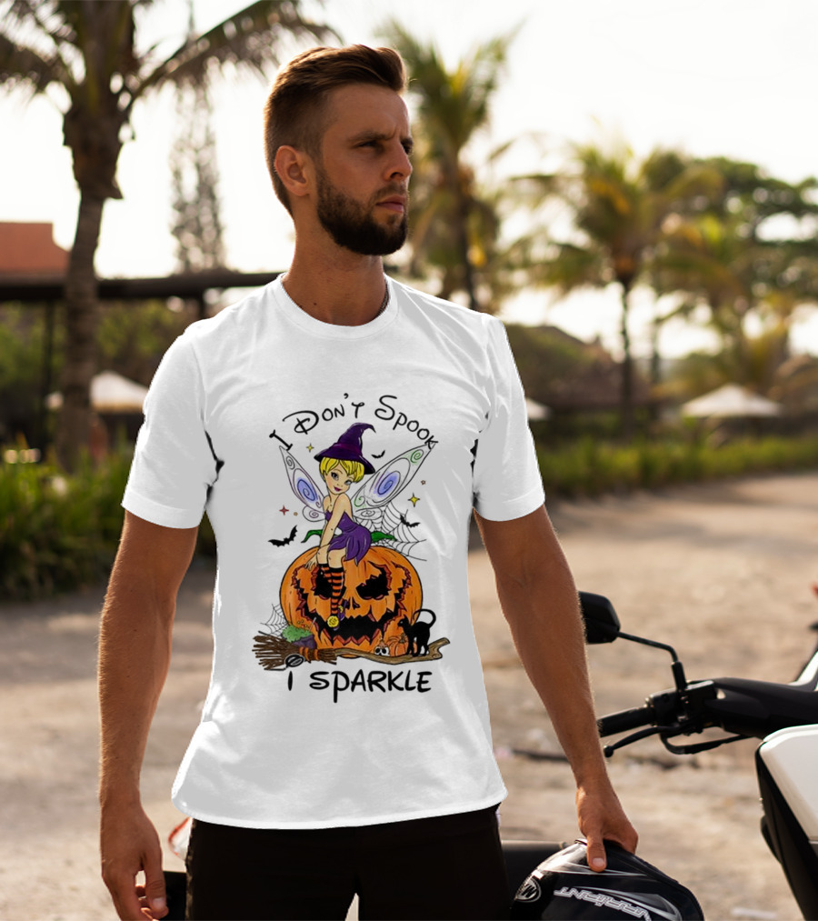 I Don’t Spook I Sparkle Witch Fairy On Pumpkin Halloween Scene T-Shirt