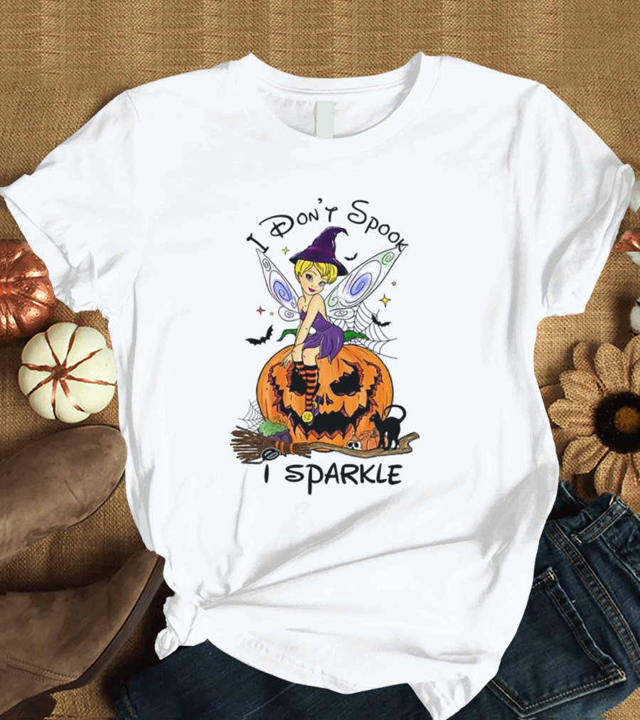 I Don’t Spook I Sparkle Witch Fairy On Pumpkin Halloween Scene T-Shirt