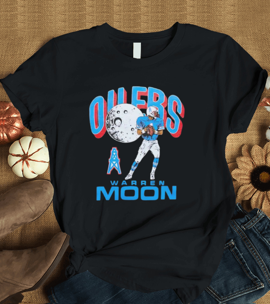 Oilers Warren Moon Football Player With Oil Derrick And Moon Balloon T-Shirt