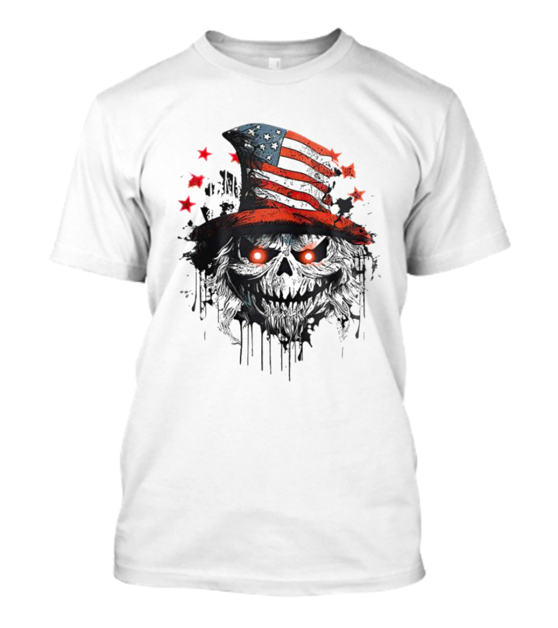 Uncle Sam Skull With American Flag Hat And Red Stars T-Shirt