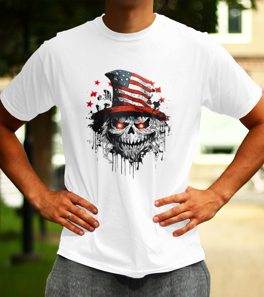 Uncle Sam Skull With American Flag Hat And Red Stars T-Shirt