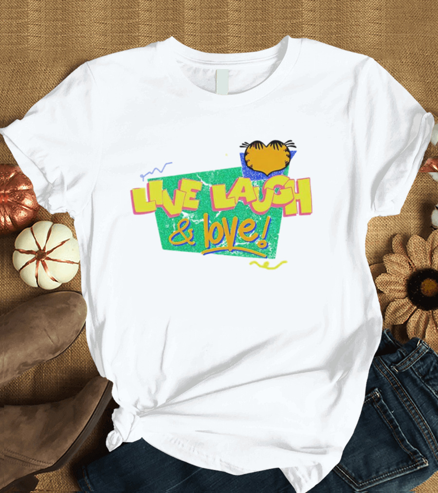 LIVE LAUGH And LOVE Garfield Cartoon Style Retro Typography T-Shirt