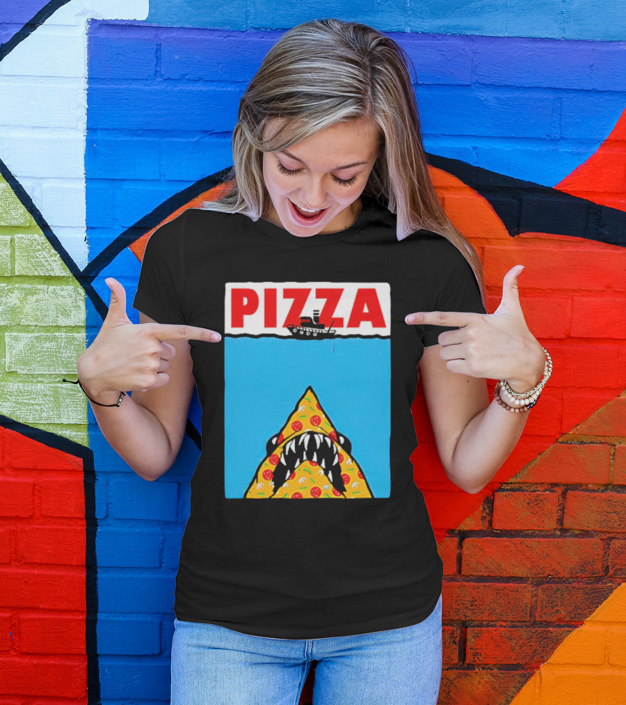 Pizza Slice Jaws Parody With Boat And Ocean T-Shirt