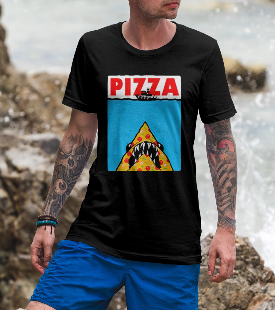 Pizza Slice Jaws Parody With Boat And Ocean T-Shirt
