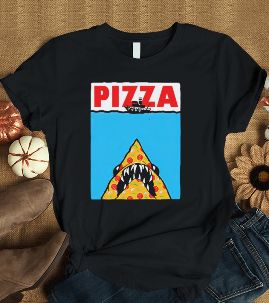 Pizza Slice Jaws Parody With Boat And Ocean T-Shirt