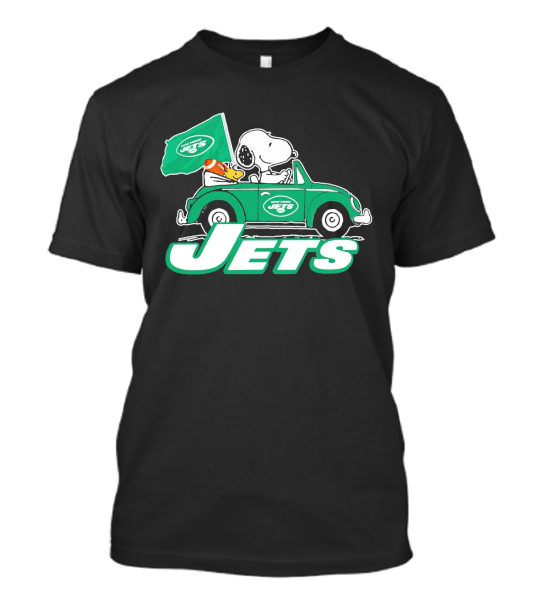 Snoopy And Woodstock Driving New York Jets Car With Flag T-Shirt