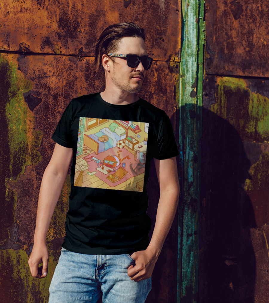 Chillin' Wolfi Gaming Bedroom With Cat And Pizza T-Shirt