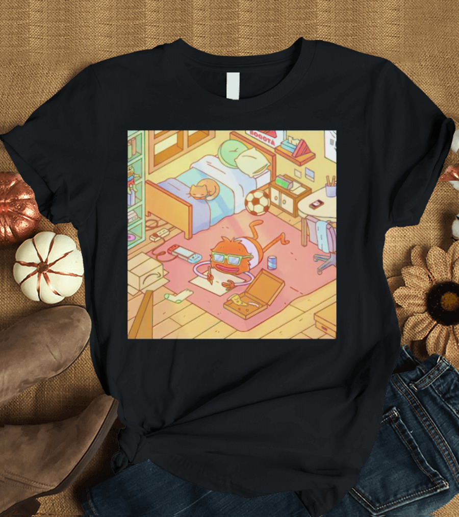 Chillin' Wolfi Gaming Bedroom With Cat And Pizza T-Shirt