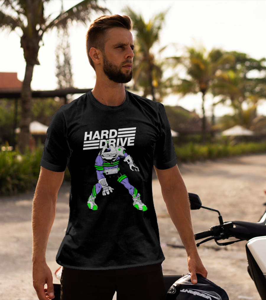 HARD DRIVE Futuristic Cyborg With Green And Purple Accents T-Shirt