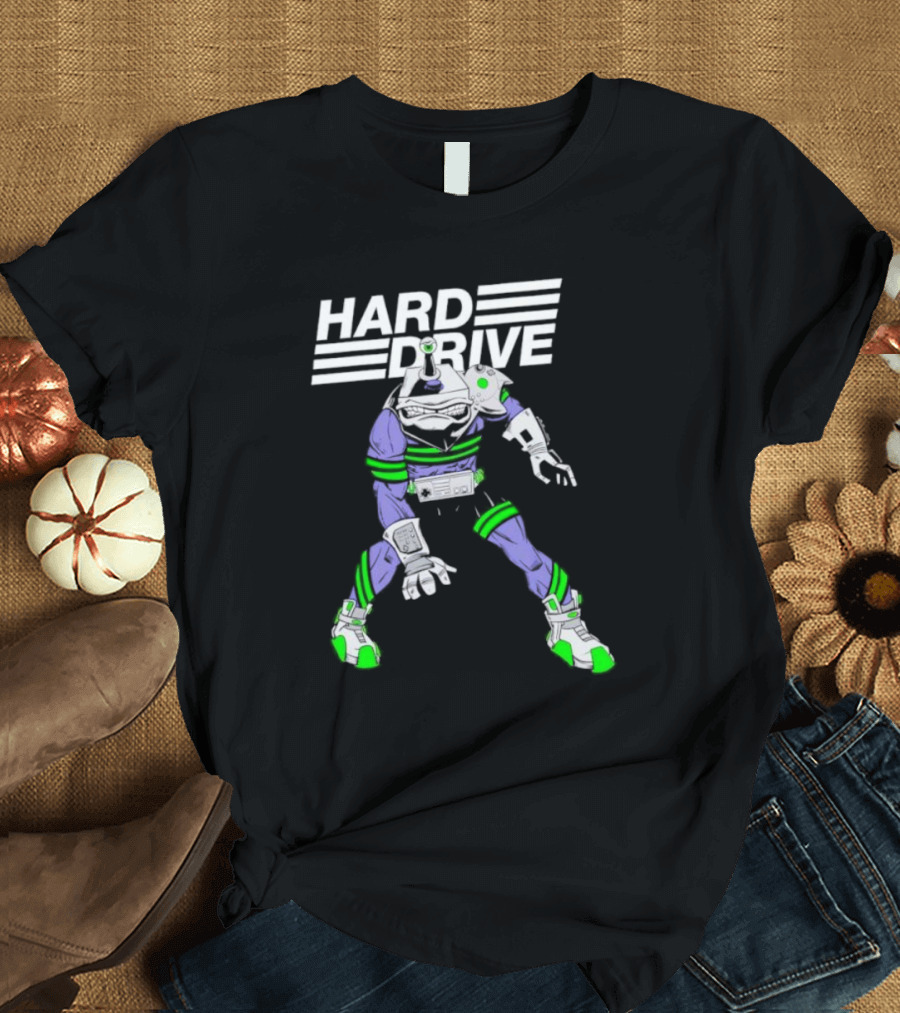 HARD DRIVE Futuristic Cyborg With Green And Purple Accents T-Shirt