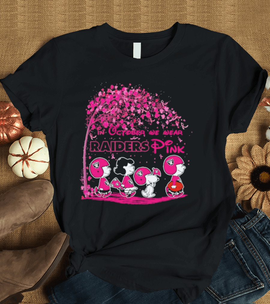 In October We Wear Raiders Pink Peanuts Breast Cancer Awareness T-Shirt