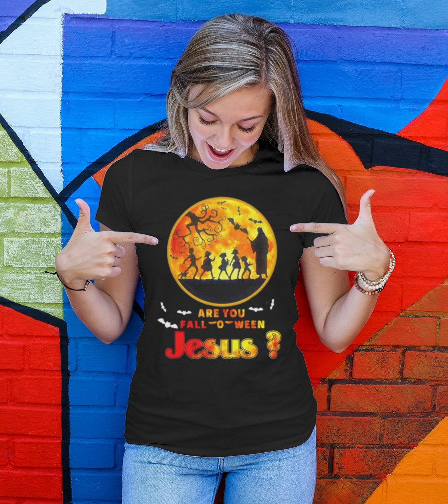 Are You Fall O Ween Jesus Halloween Silhouette With Bats And Tree T-Shirt
