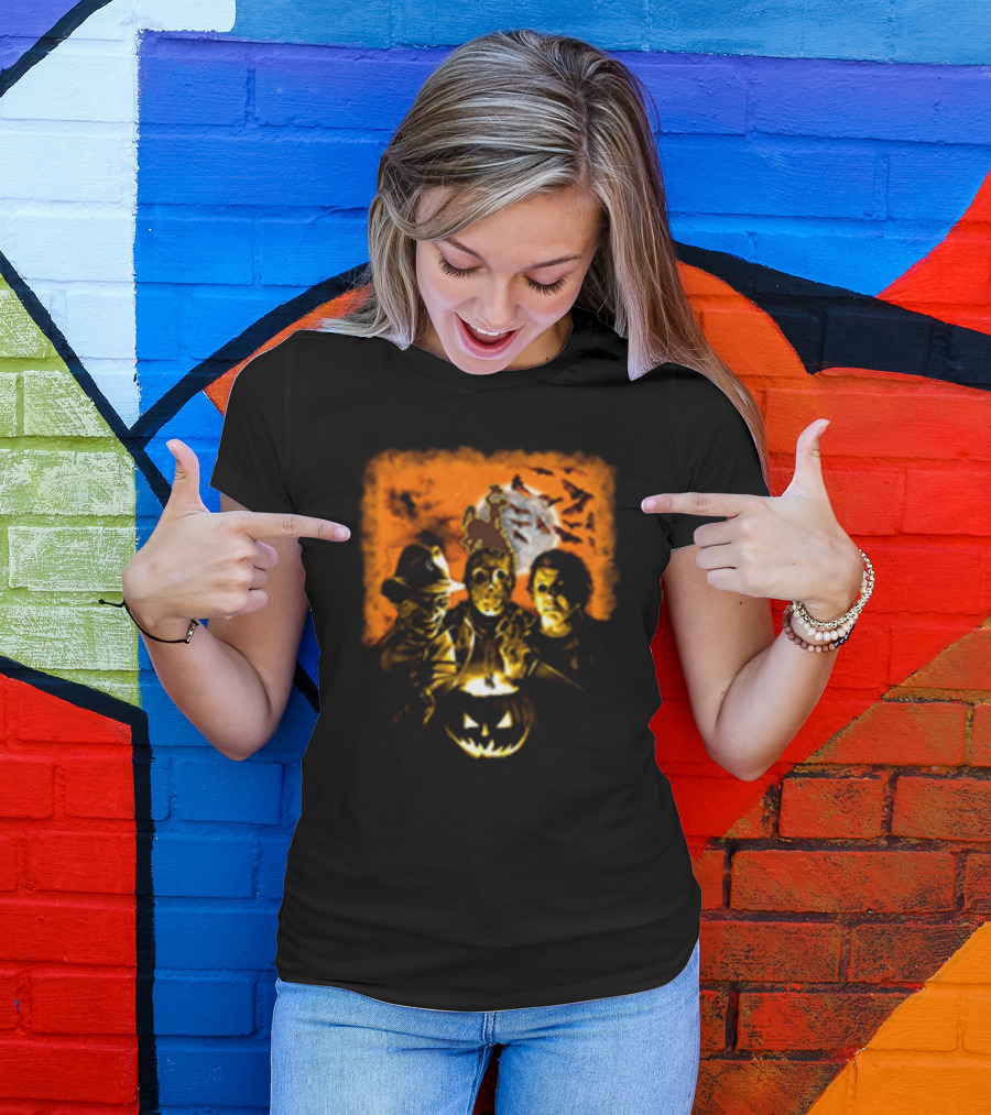 Horror Movies Freddy Krueger Jason Voorhees Michael Myers Halloween Wyoming Cowboys Jack-O'-Lantern Moon Bats T-Shirt