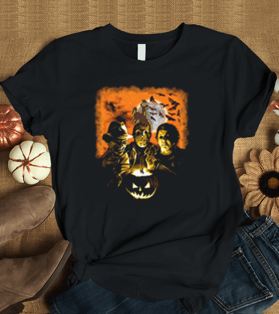 Horror Movies Freddy Krueger Jason Voorhees Michael Myers Halloween Wyoming Cowboys Jack-O'-Lantern Moon Bats T-Shirt