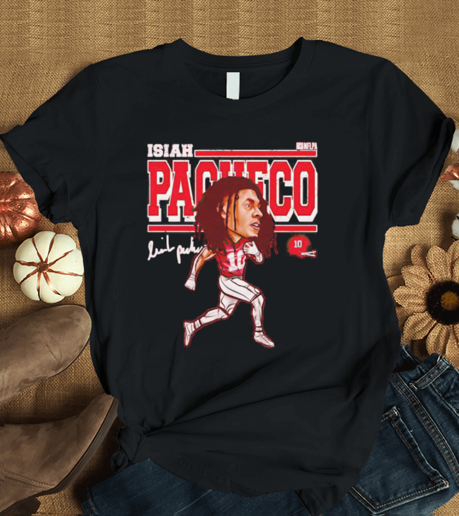 ISIAH PACHECO NFLPA Signature Caricature With Number 10 And Red Helmet T-Shirt
