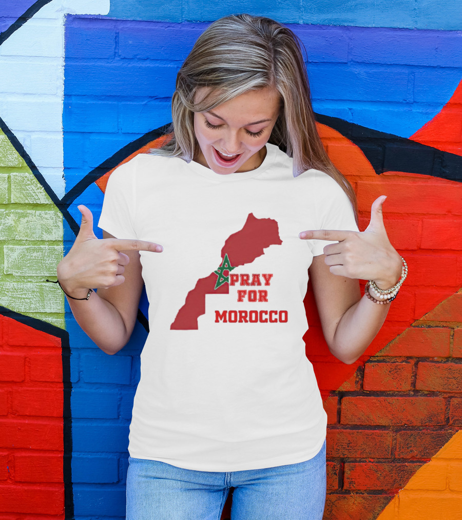 Pray For Morocco Map With Green Star And Red T-Shirt