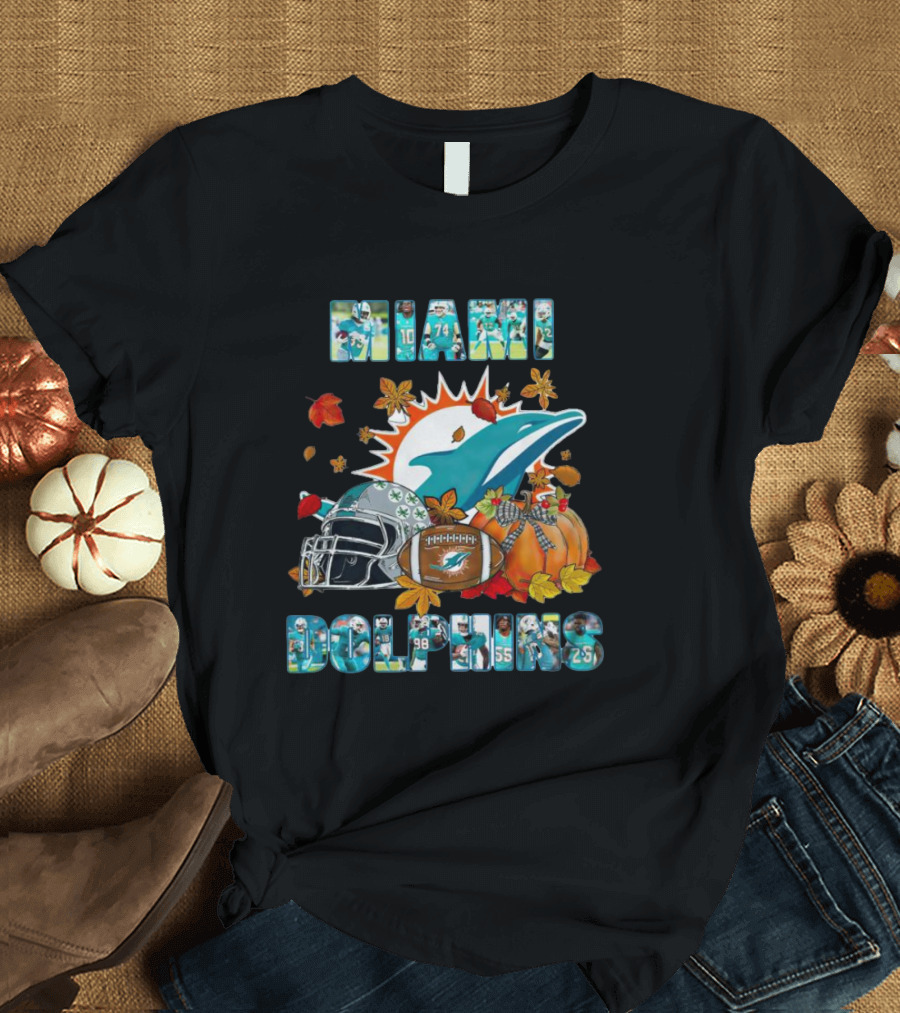 Miami Dolphins Autumn Football Helmet And Pumpkin Leaves T-Shirt