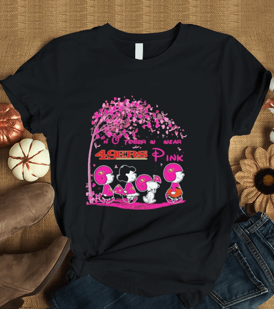 San Francisco 49ers Pink October Peanuts Characters Breast Cancer Awareness T-Shirt