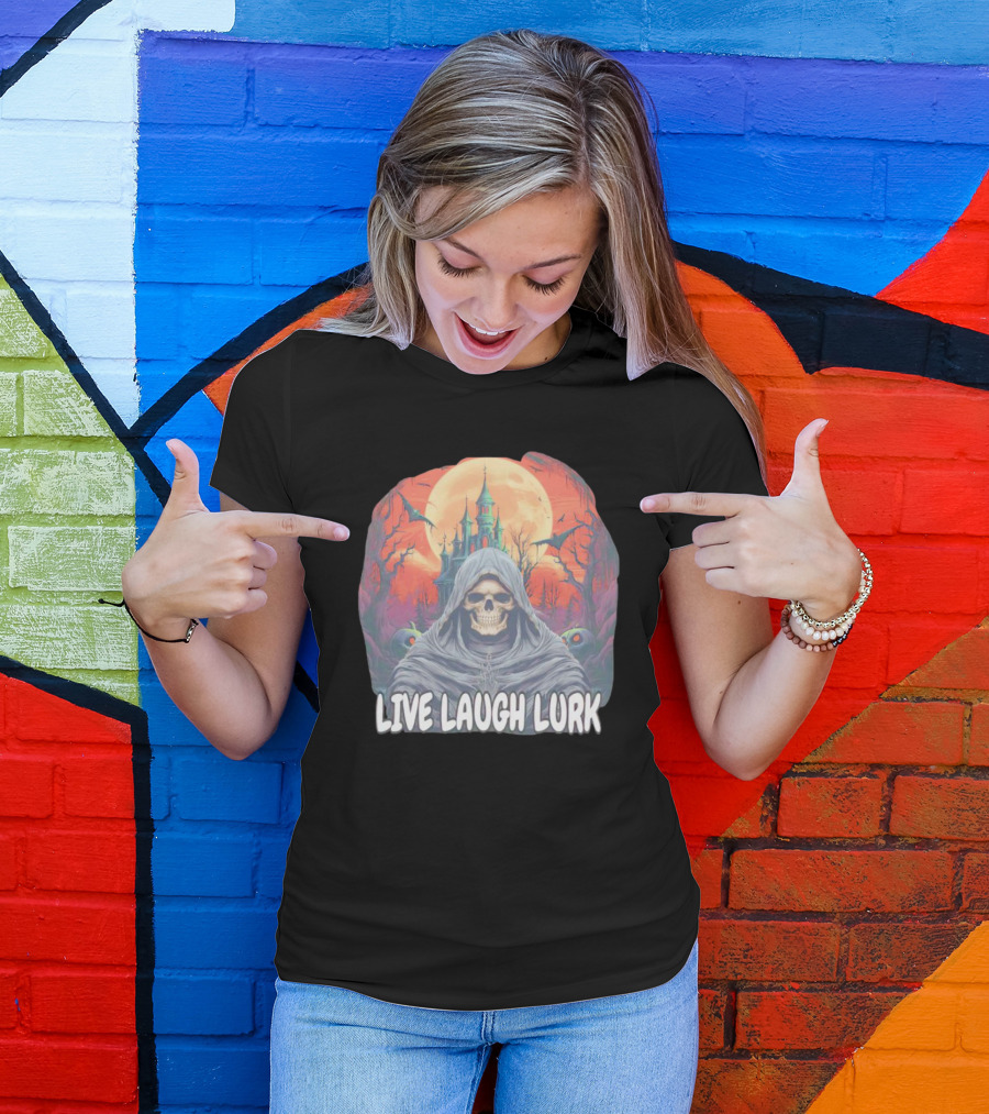 Live Laugh Lurk Skeleton Haunted Castle Bats Full Moon T-Shirt